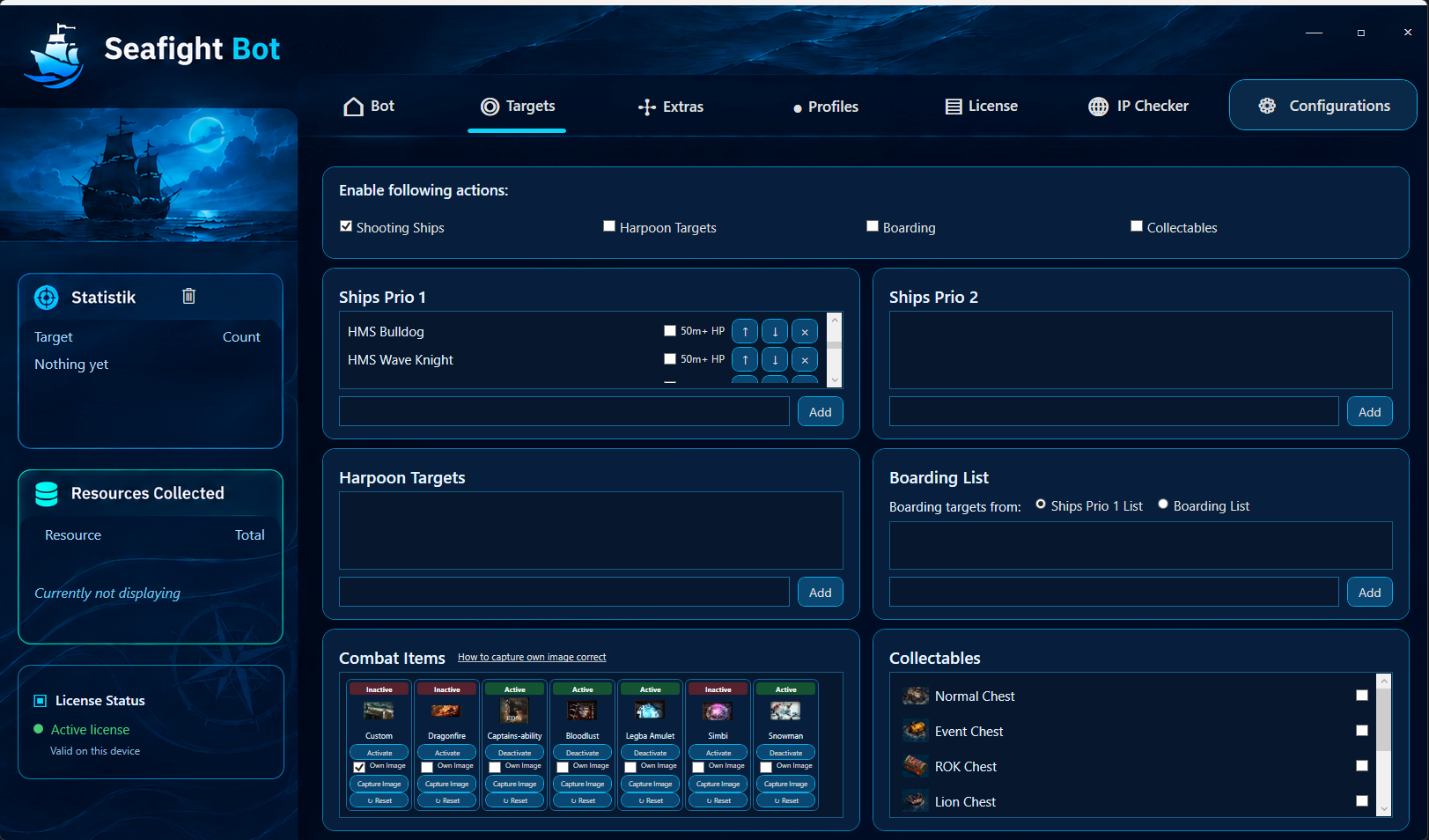 Seafight Bot target lists and combat items screen