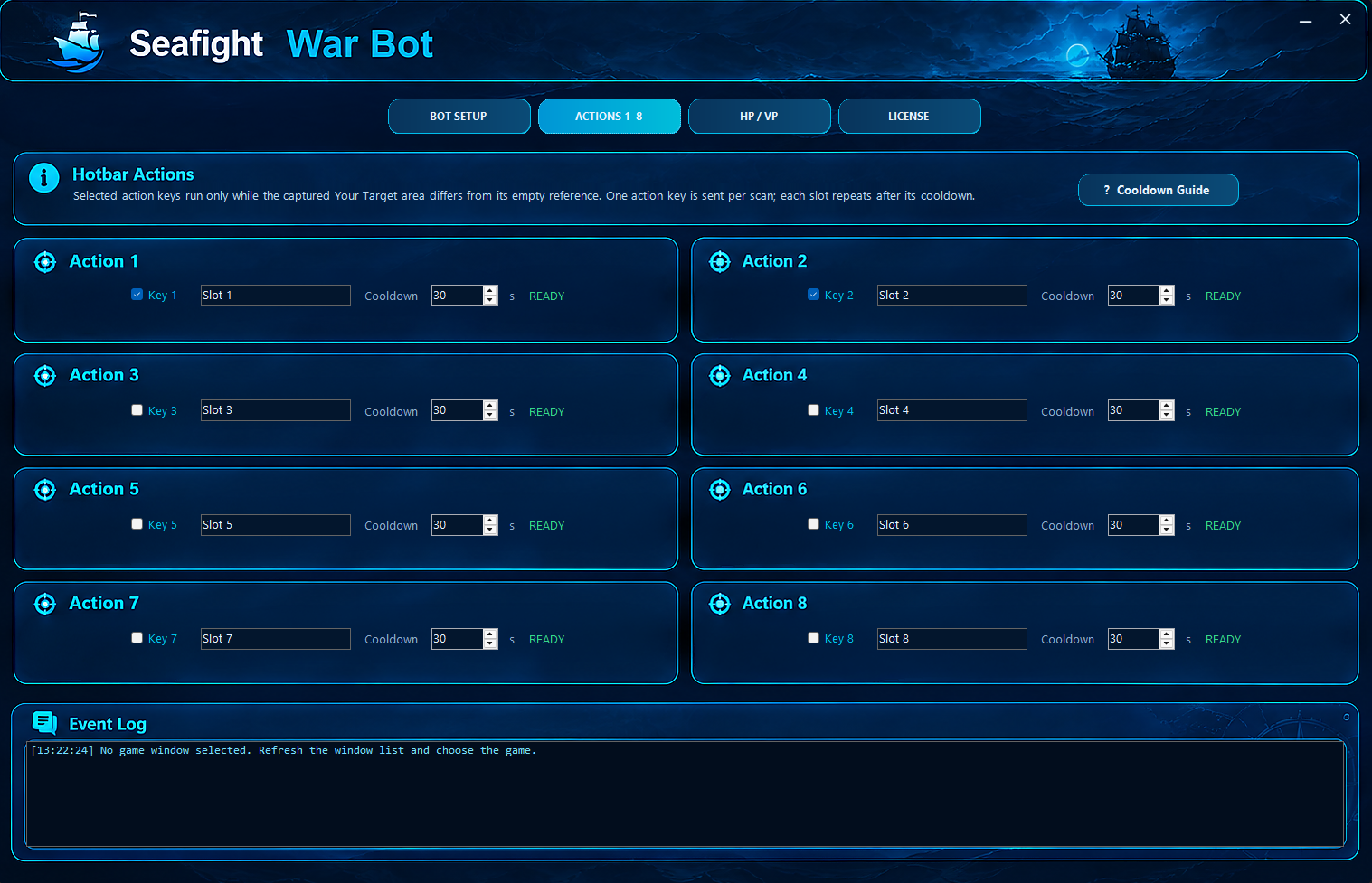 War Bot hotbar actions and cooldown settings
