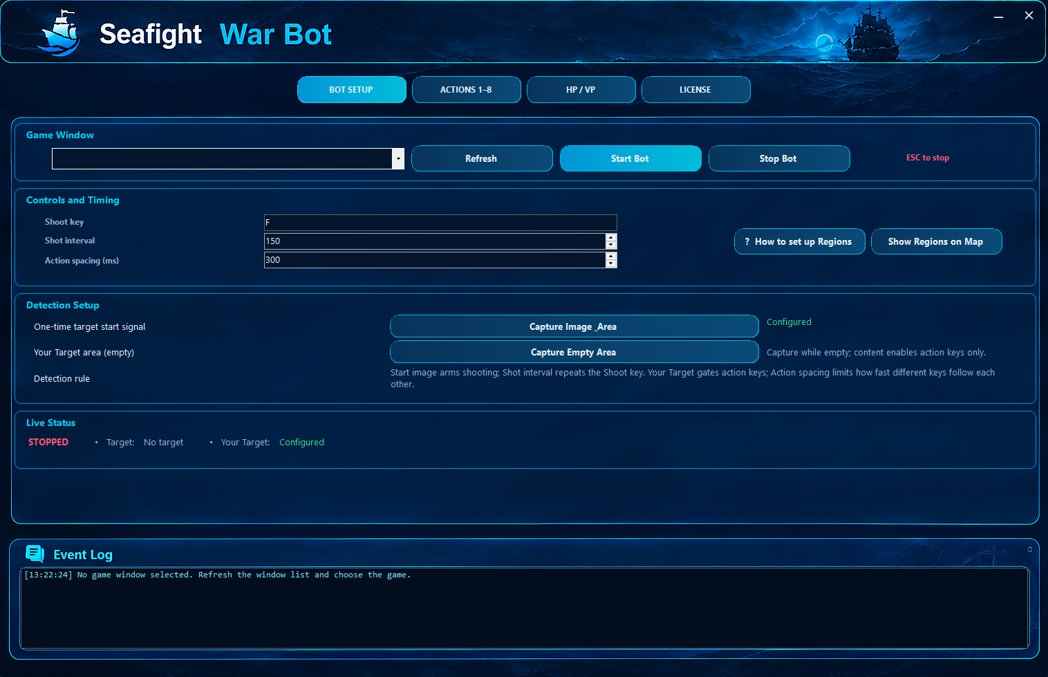 Seafight War Bot setup screen